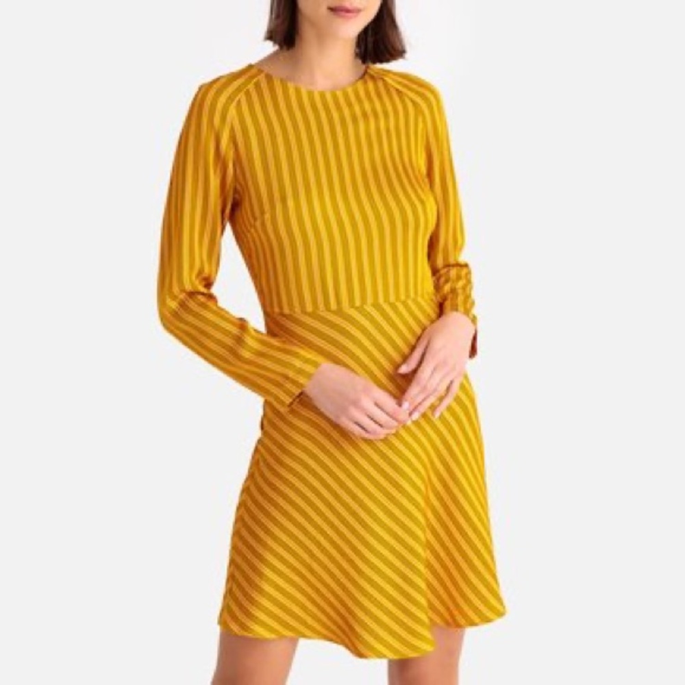 SAMSOE Yellow Striped Long-Sleeve A-Line Dress